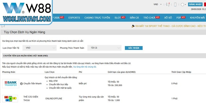 Điều kiện cần đáp ứng khi nạp tiền W88
